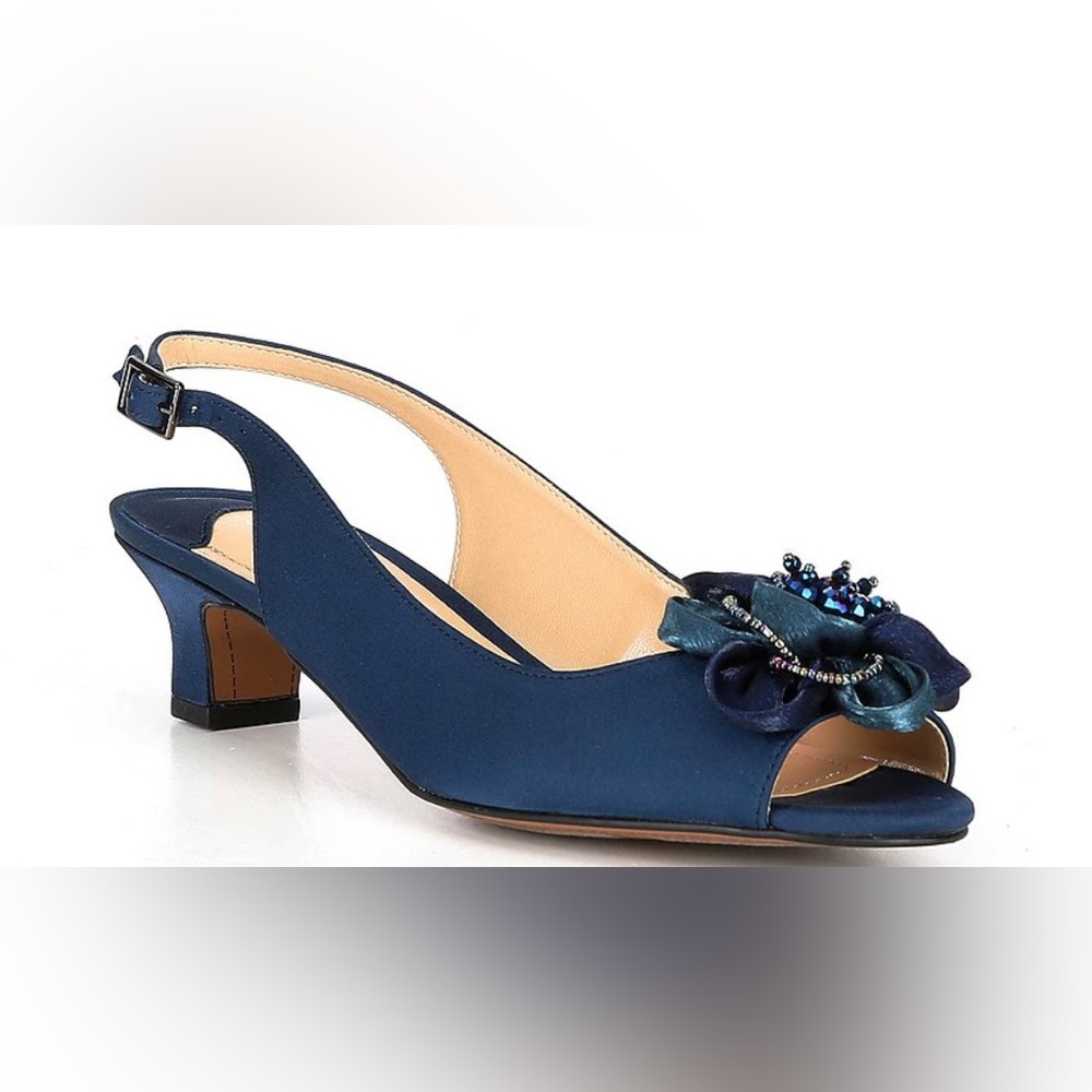 J.Renee Leonelle Embellished Bow Slingback Navy Peep Toe Kitten Heel
